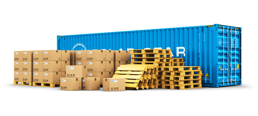Cargo container and shipping pallets with cardboard boxes